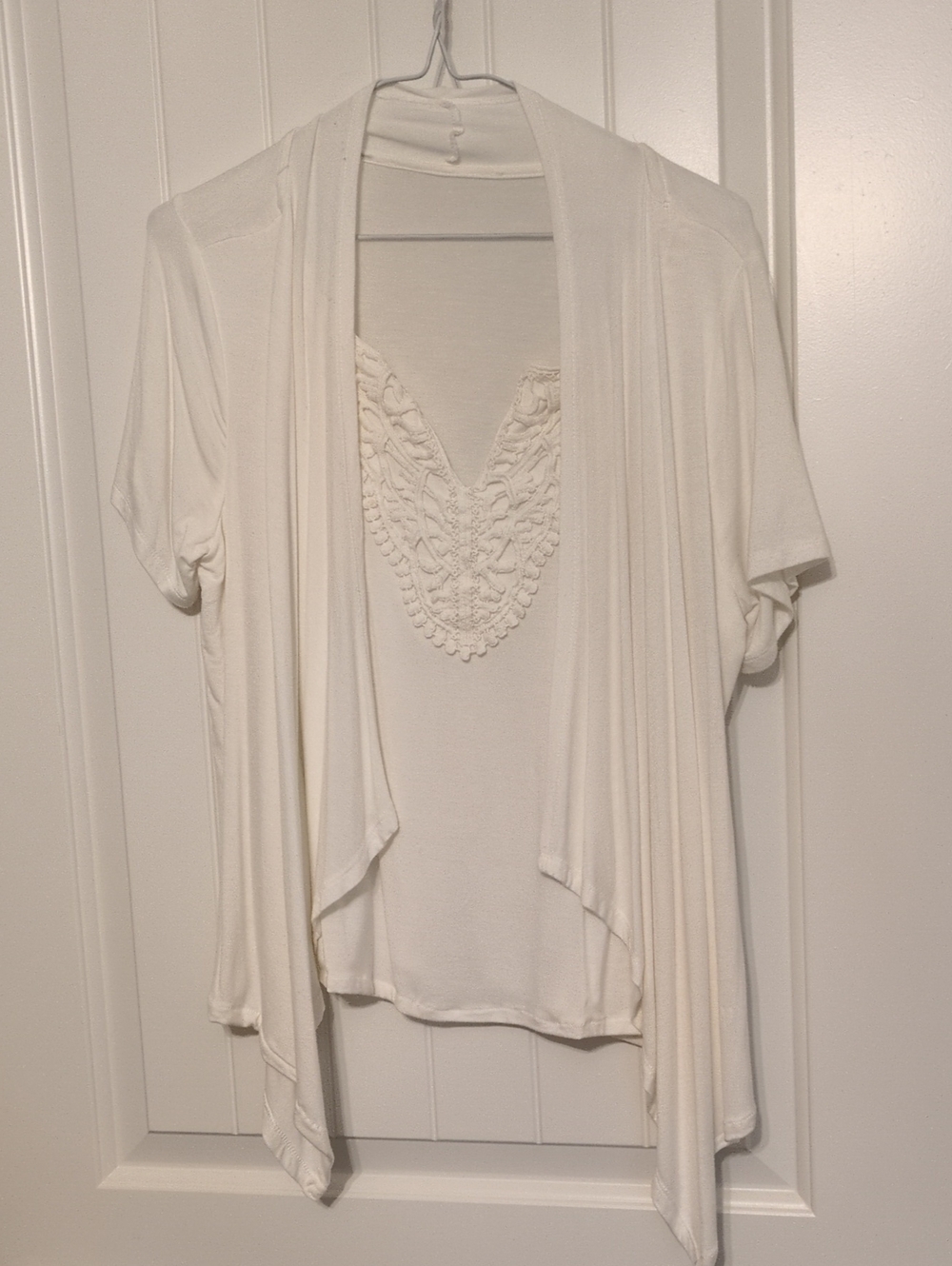 Costa Blanca White Short Sleeve Draped Top with Crochet V-Neck